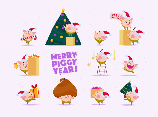 stockillustraties, clipart, cartoons en iconen met vector set platte kerst varken elf in kerstmuts in verschillende situaties - nieuwjaar boom versieren, dragen doos van de gift, die enorme zak met cadeautjes enz. - xmas tree