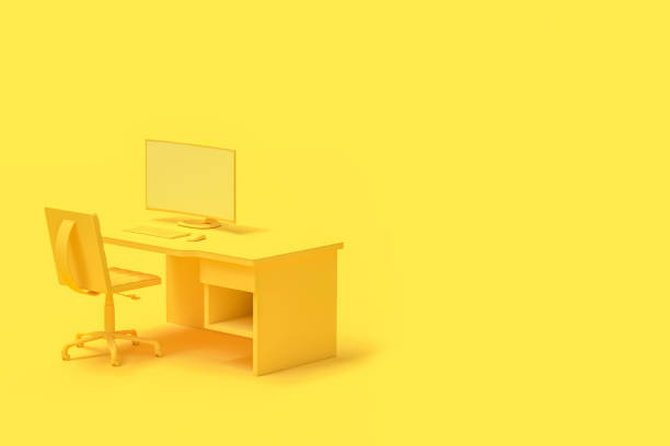 minimal concept, computer on table and chair yellow color - secretária mobília ilustrações imagens e fotografias de stock