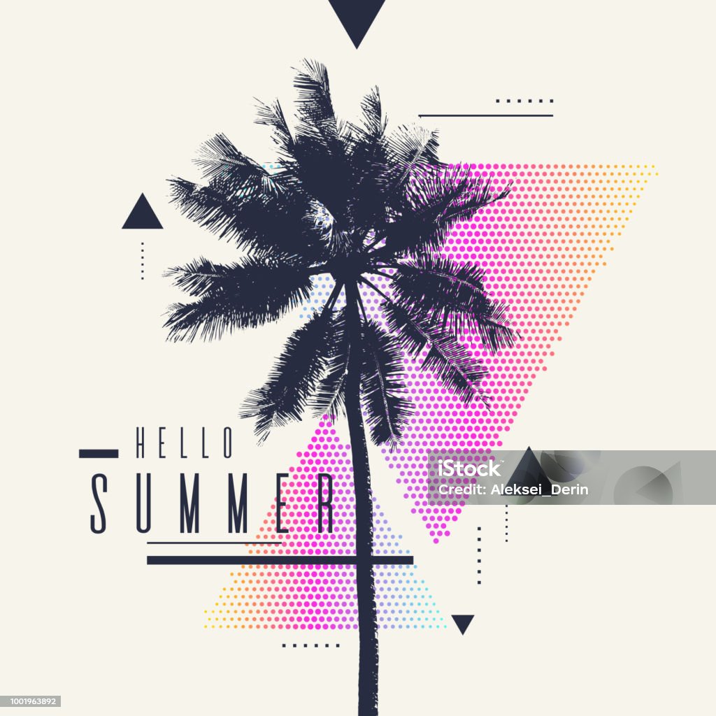 Bonjour l’été. Affiche moderne avec palmier et des graphiques géométriques - clipart vectoriel de Palmier libre de droits