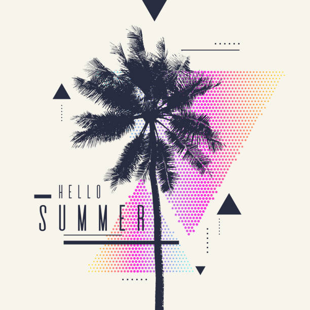 Hello Summer. Modern poster with palm tree and geometric graphic Hello Summer, Modern poster with palm tree and geometric graphic. Vector illustration. half tone illustrations stock illustrations