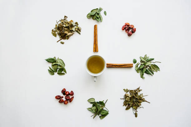 istock A concept or creative idea that means tea time. Useful herbal or green tea in the center and around the various dried herbs for its preparation 1001964350