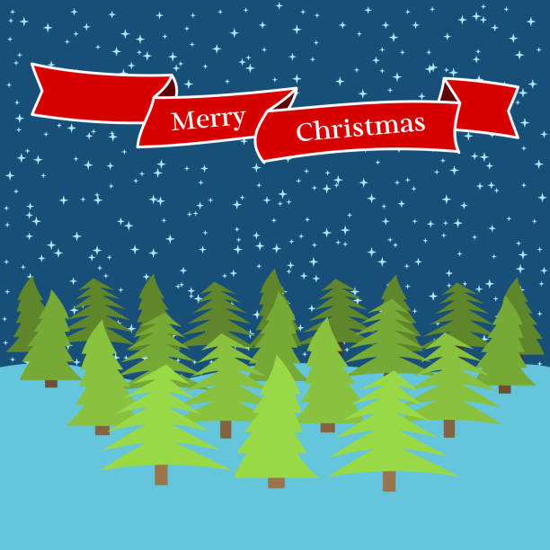 istock Night forest with falling snow and a red ribbon with the inscription Happy Christmas 1001980912