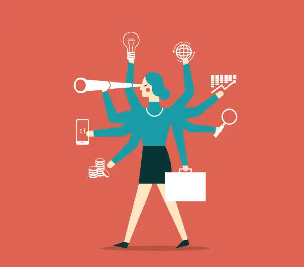 Vector illustration of Businesswoman Multitasking with Multiple Arms