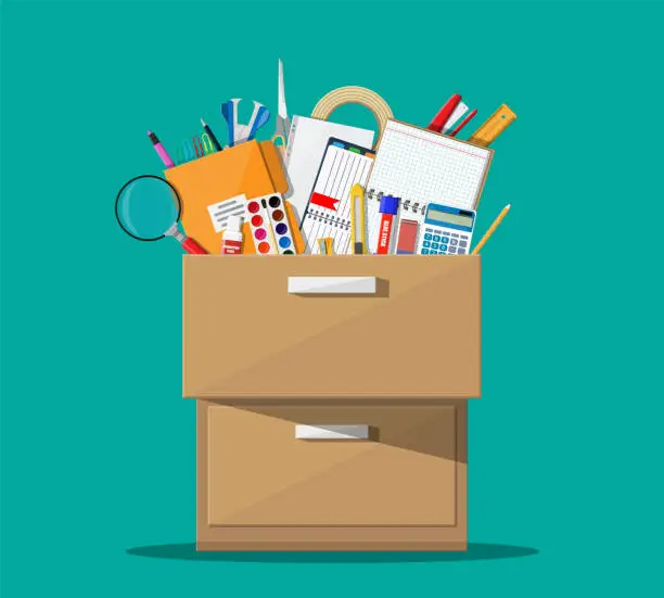 Vector illustration of Office accessories in wooden drawer.