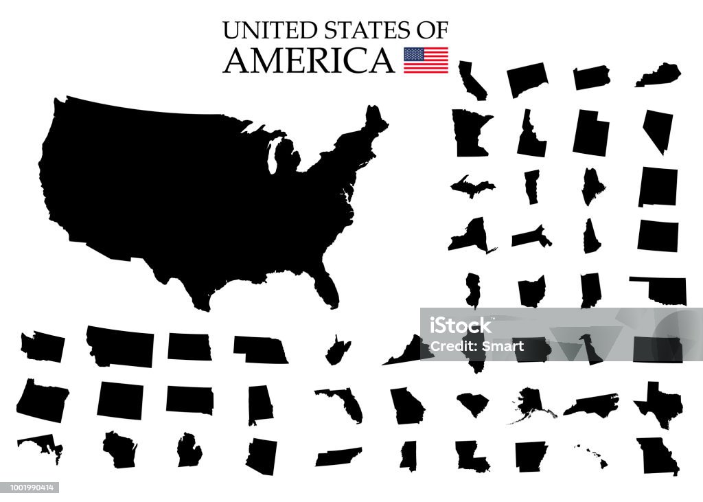 Territorio de Estados Unidos de América sobre fondo blanco. Estados separados. Ilustración de vector - arte vectorial de Contorno libre de derechos
