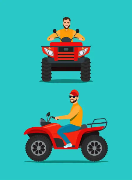 Vector illustration of Man on the ATV motorcycle isolated. Front and side view. Vector flat style illustration