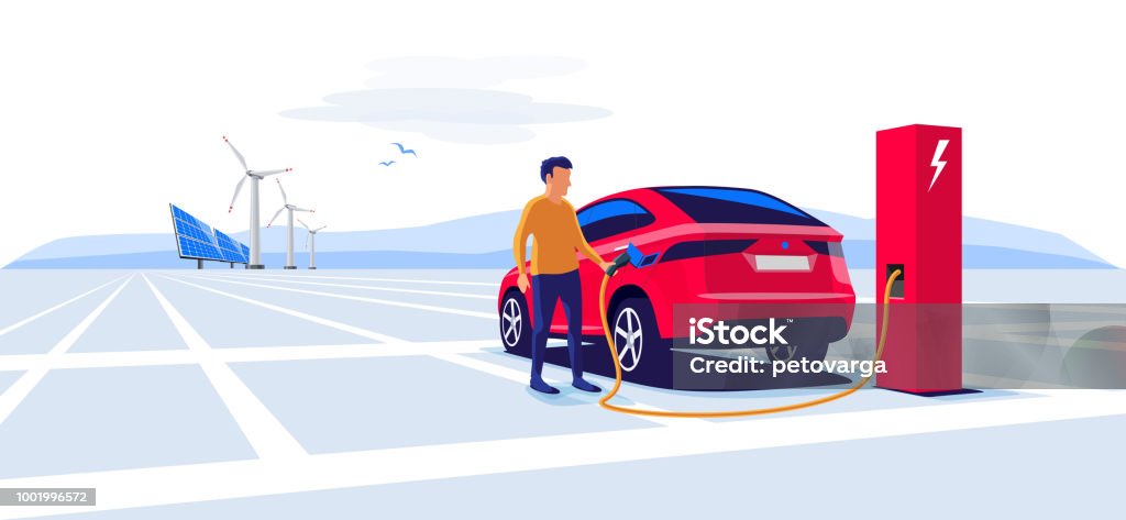 Man Standing and Charging an Electric Car Suv Modern electric suv car charging at the charger station with a young man holding the cable. Wind turbines and solar panels in background. Electromobility e-motion flat vector illustration concept. Car stock vector