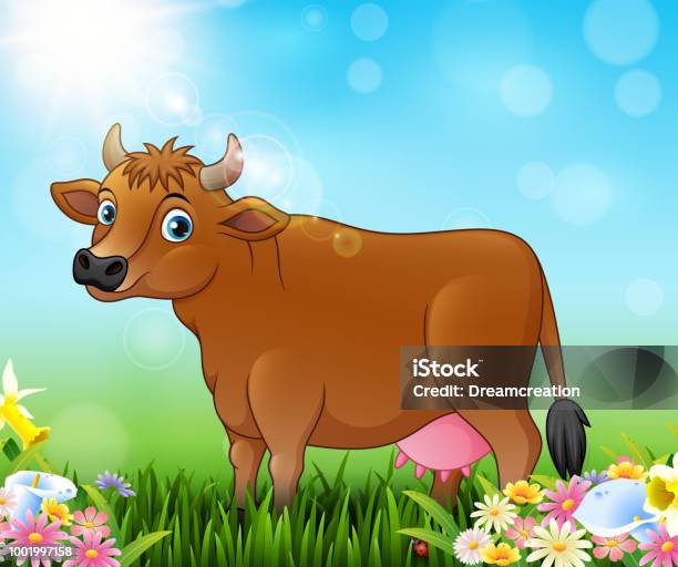 Cartoon Brown Cow With Nature Background Stock Illustration - Download  Image Now - Agricultural Field, Agriculture, Animal - iStock