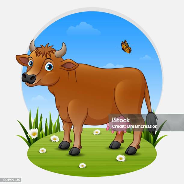 Cartoon Brown Cow On Green Meadow Stock Illustration - Download Image Now -  Agricultural Field, Agriculture, Animal - iStock