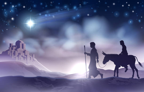 Mary and Joseph Nativity Christmas Illustration A nativity Christmas illustration of the Virgin Mary and Joseph with donkey on their journey, the star of Bethlehem and the city in the background jesus christ birth stock illustrations