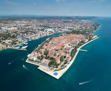 Aerial Panorama of the beautiful city Zadar with its famous Sea Organ located on a peninsula in the mediterranean sea. Converted from RAW.