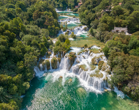 Aerial of the famous staircase waterfalls at the beautiful Krka National Park, Croatia. Converted from RAW.