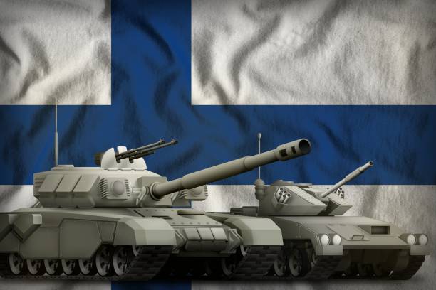 istock Finland tank forces concept on the national flag background. 3d Illustration 1002014490