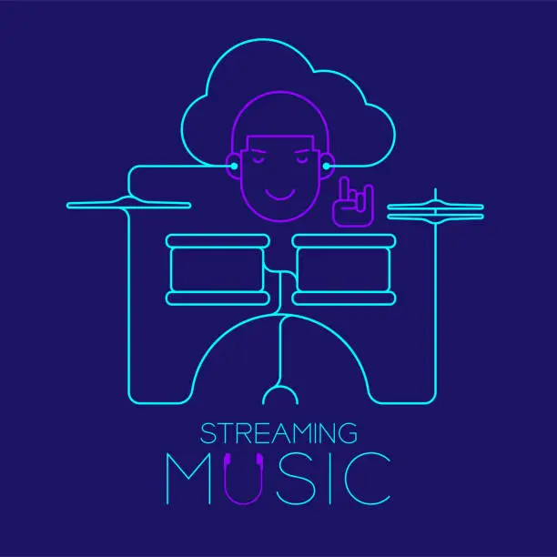 Vector illustration of Man with earphone cloud connect smartphone, Drum kit shape made from cable, Streaming music concept design illustration isolated on dark blue background, with copy space