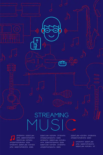 Vector illustration of Man with earphone wireless connect smartphone, Streaming music concept magazine page layout design illustration isolated on dark blue background, with copy space