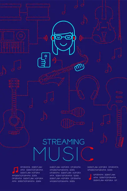 Vector illustration of Woman with earphone wireless connect smartphone, Streaming music concept magazine page layout design illustration isolated on dark blue background, with copy space