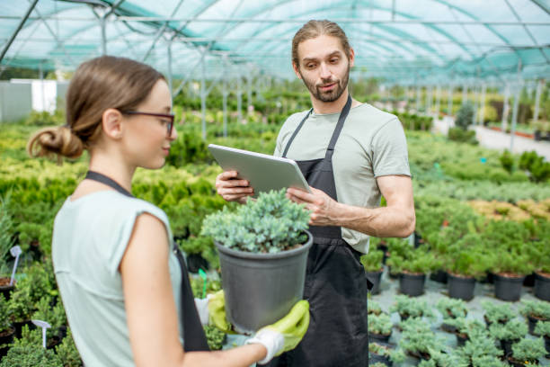 istock Workers supervising plants in the greenhouse 1002018646
