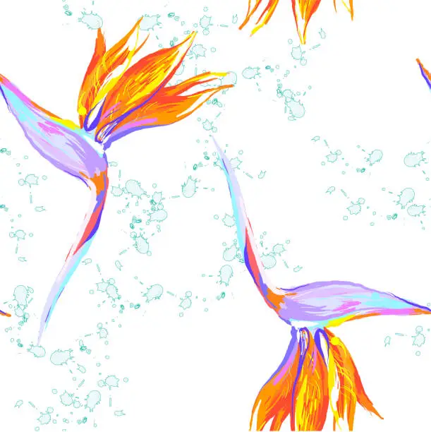 Vector illustration of Strelitzia reginae flower bird-of-paradise, crane flower seamless pattern with splash on white