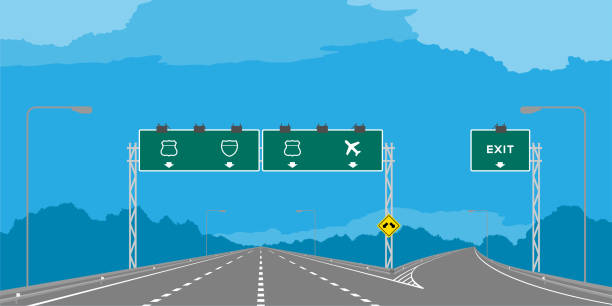 ilustraciones, imágenes clip art, dibujos animados e iconos de stock de cruce y carretera o autopista y verde señalización en día ilustración aislada sobre fondo de cielo azul - autopista de la información