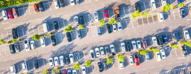 Aerial view  Parking lot and car stock photo