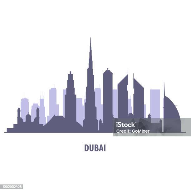 Dubai Skyline Silhouette Landmarks Cityscape In Liner Style Stock Illustration - Download Image Now