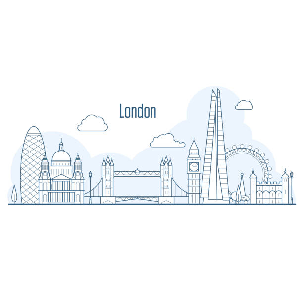 illustrazioni stock, clip art, cartoni animati e icone di tendenza di skyline della città di londra - paesaggio urbano con punti di riferimento in stile liner - london