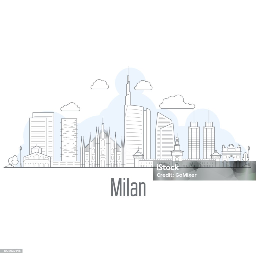 Skyline della città di Milano - paesaggio urbano con punti di riferimento in stile liner - arte vettoriale royalty-free di Milano