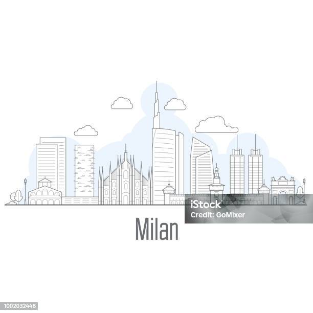 Skyline Della Città Di Milano Paesaggio Urbano Con Punti Di Riferimento In Stile Liner - Immagini vettoriali stock e altre immagini di Milano