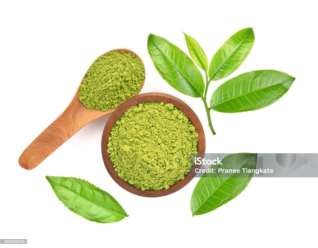 Top view of green tea leaf isolated on white background Dried Tea Leaves Stock Photo