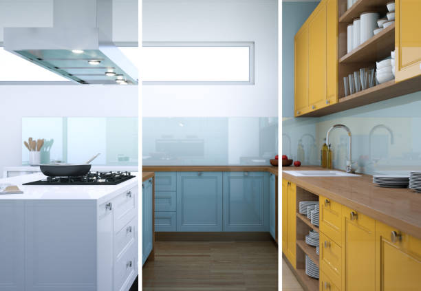 istock Splitted color variations of a modern kitchen with a beautiful design 1002033604