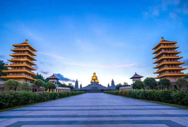 Wide view of the main Buddha sculpture of the Fo Guang Shan Buddha memorial center Kaohsiung