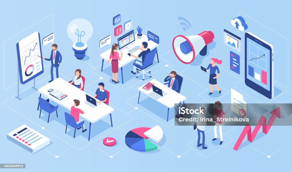 office People in open space office concept design. Can use for web banner, infographics, hero images. Flat isometric vector illustration isolated on white background. Isometric Projection stock vector