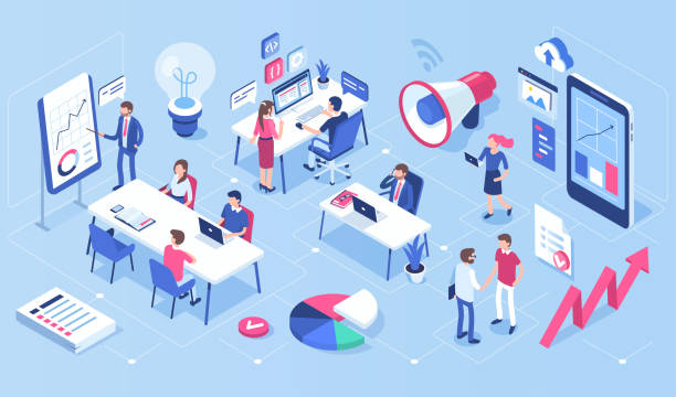 office People in open space office concept design. Can use for web banner, infographics, hero images. Flat isometric vector illustration isolated on white background. talking on office phone stock illustrations