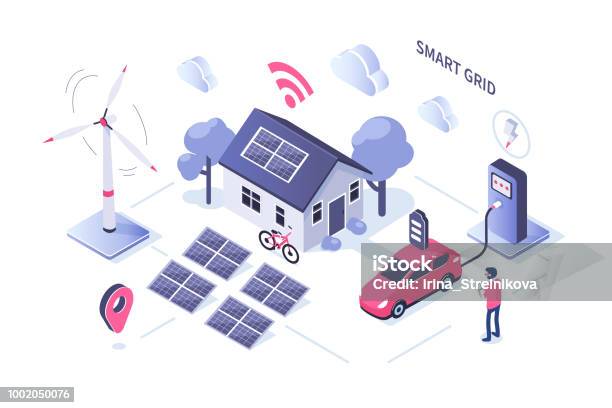Smart Grid Stock Illustration - Download Image Now - Isometric Projection, Fuel and Power Generation, Intelligence