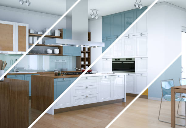 istock Splitted color variations of a modern kitchen with a beautiful design 1002057152