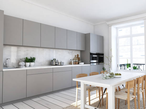 istock modern nordic kitchen in loft apartment. 3D rendering 1002057536