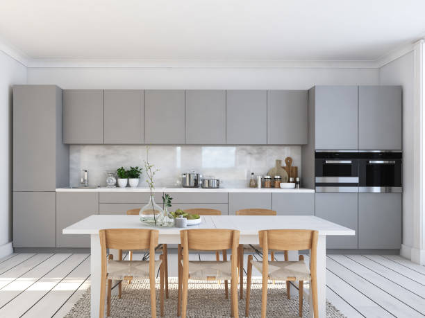 istock modern nordic kitchen in loft apartment. 3D rendering 1002057560
