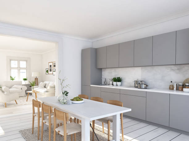 istock modern nordic kitchen in loft apartment. 3D rendering 1002057586