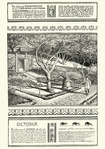 viktorianische szene auf den monat oktober, 19. jahrhundert - ummauerter garten stock-grafiken, -clipart, -cartoons und -symbole