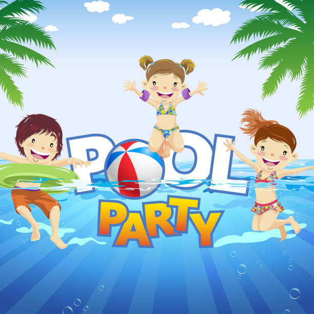 ilustrações de stock, clip art, desenhos animados e ícones de kids pool party - swimming pool party summer beach ball