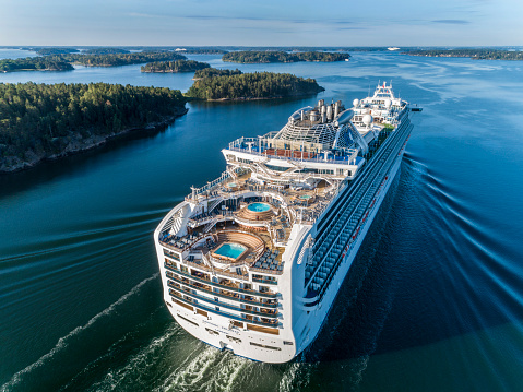 Skeppsdal, Stockholm, Sweden - July, 12th 2018: Sapphire Princess Cruiser Ship passing by in the Stockholm Swedish archipelago.
