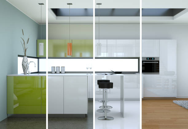 3d Illustration of Splitted color variations of a modern kitchen with a beautiful design