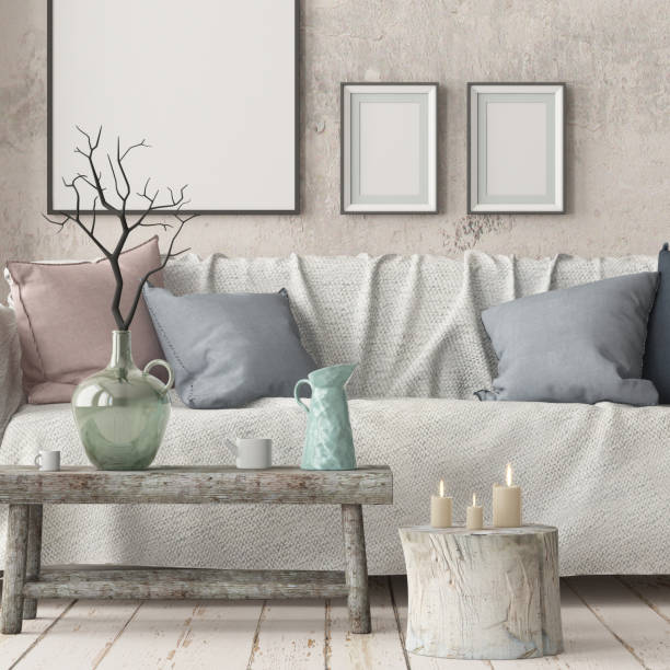 istock Mock up poster in an interior in Scandinavian style with a sofa. 3D rendering 1002072310