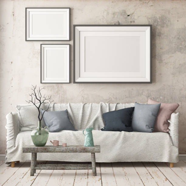 istock Mock up poster in an interior in Scandinavian style with a sofa. 3D rendering 1002072390