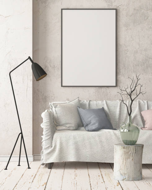 istock Mock up poster in an interior in Scandinavian style with a sofa. 3D rendering 1002072464