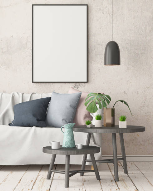 istock Mock up poster in an interior in Scandinavian style with a sofa. 3D rendering 1002072492