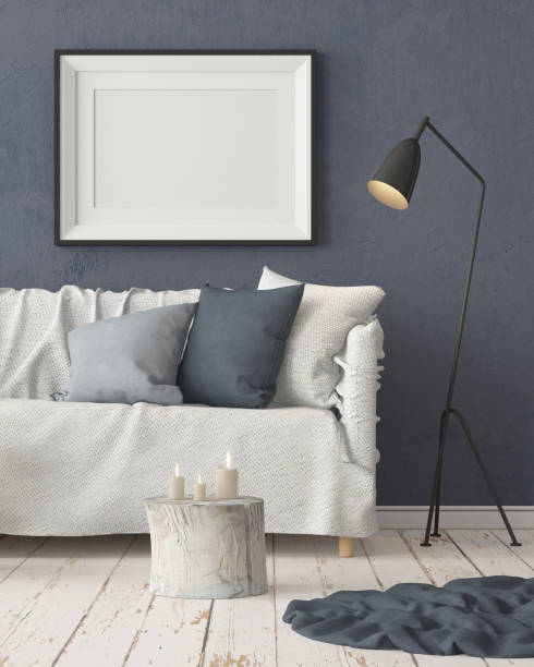 istock Mock up poster in an interior in Scandinavian style with a sofa. 3D rendering 1002072496