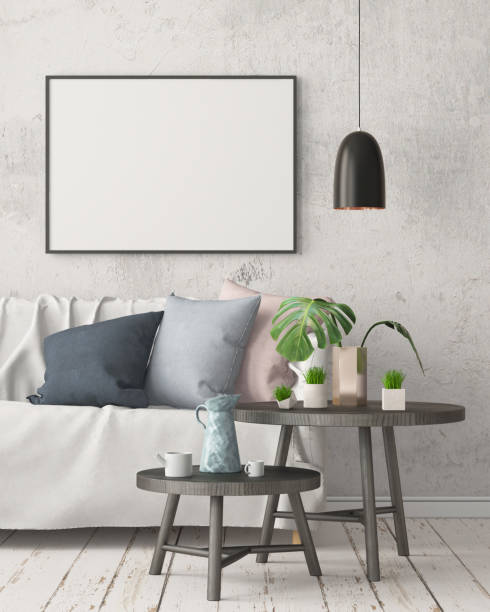 istock Mock up poster in an interior in Scandinavian style with a sofa. 3D rendering 1002072526