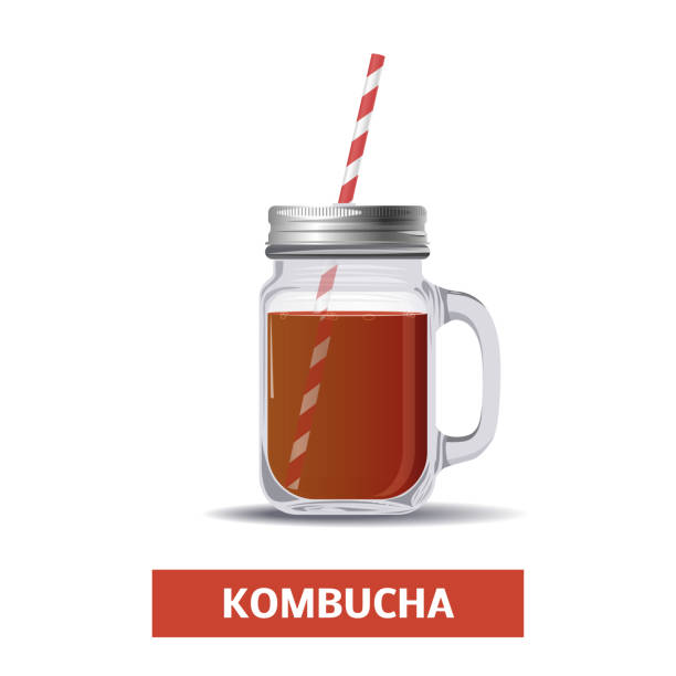 Kombucha tea vector icon Kombucha tea in a glass jar with straw, vector icon kombucha jar stock illustrations