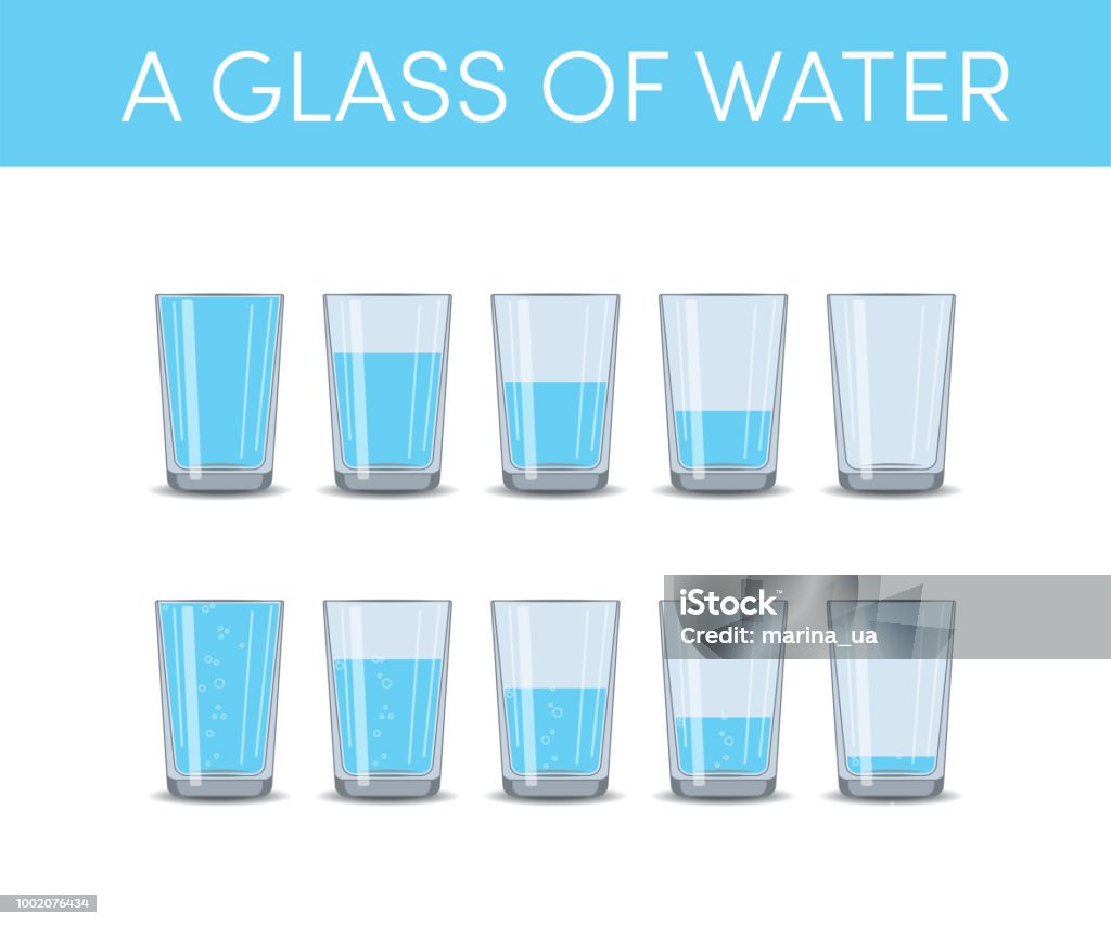 Glasses of water, vector set Glasses of water, vector set. Simple icons in cartoon style with different levels of water Drinking Glass stock vector